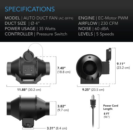 Automatic Booster Duct Fan, Inline Fan with Pressure Switch, 4-Inch