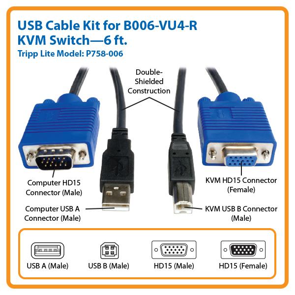 juego de cables USB de 6 pies para KVM Switch B006-VU4-R