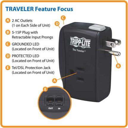 PROTECTOR CONTRA SOBRETENSIONES PORTÁTIL DE 2 TOMACORRIENTES PROTECT IT!, CONEXIÓN DIRECTA, 1080 JOULES, PROTECCIÓN PARA TELÉFONO/MÓDEM