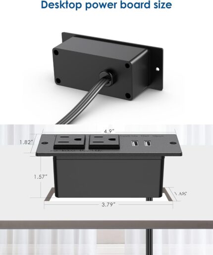 Tira de enchufes tipo estación de carga con 2 tomacorrientes, 2 puertos USB y cable de 9.8 pies para empotrar en muebles, como mesas de conferencias, escritorios, mesas auxiliares y mesas de noche