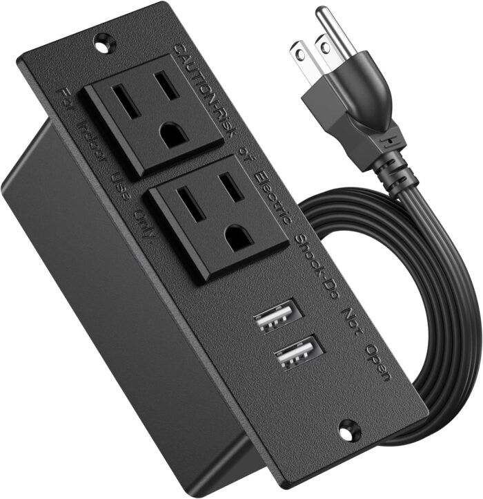 Tira de enchufes tipo estación de carga con 2 tomacorrientes, 2 puertos USB y cable de 9.8 pies para empotrar en muebles, como mesas de conferencias, escritorios, mesas auxiliares y mesas de noche