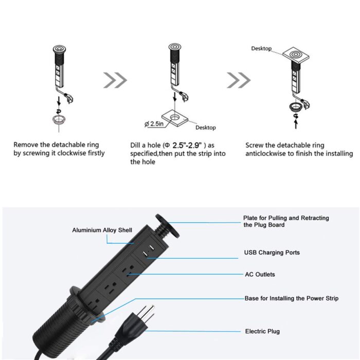 Toma de corriente desplegable para encimera de cocina, 2.5 pulgadas de tamaño de agujero con ojales, salida emergente con USB, enchufe desplegable para el hogar, oficina ( Color negro)