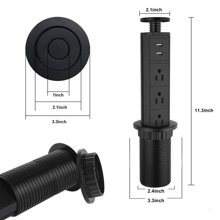 Toma de corriente desplegable para encimera de cocina, 2.5 pulgadas de tamaño de agujero con ojales, salida emergente con USB, enchufe desplegable para el hogar, oficina ( Color negro)