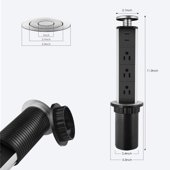 Toma de corriente desplegable para encimera de cocina, 2.5 pulgadas de tamaño de agujero con ojales, salida emergente con USB, enchufe desplegable para el hogar, oficina ( Color plateado)