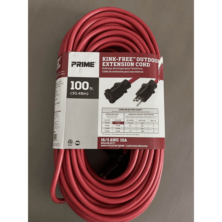 Cable de extensión para exteriores Prime Kink-Free de 100 pies, 16/3 SJTW, color rojo