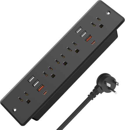 13 in 1 Recessed Power Strip Flat Plug, Fast Charging Furniture Outlet with USB, Conference Recessed Surge Protection Socket with 5 AC Plugs, 6 USB Ports 2 USB-C, 6ft Power Cord.(Black)