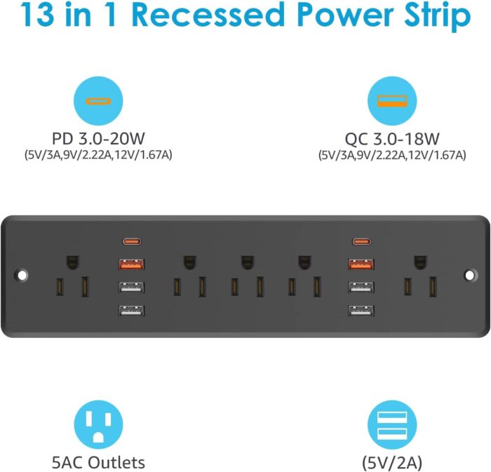 13 in 1 Recessed Power Strip Flat Plug, Fast Charging Furniture Outlet with USB, Conference Recessed Surge Protection Socket with 5 AC Plugs, 6 USB Ports 2 USB-C, 6ft Power Cord.(Black)