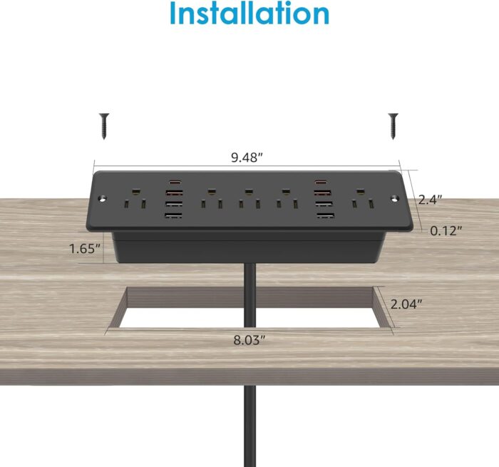 13 in 1 Recessed Power Strip Flat Plug, Fast Charging Furniture Outlet with USB, Conference Recessed Surge Protection Socket with 5 AC Plugs, 6 USB Ports 2 USB-C, 6ft Power Cord.(Black)