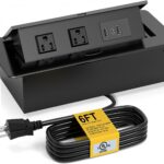 Regleta de alimentación con certificación UL Negra, receptácular de acero inoxidable empotrable, 2 salidas de CA incorporadas (125V/12A/1500W), 2 USB A y 1 puerto USB C PD (salida máxima USB de 20 W), cable de alimentación de 6 pies Talla total: 10.43 x 4.64 x 2.63 pulgadas