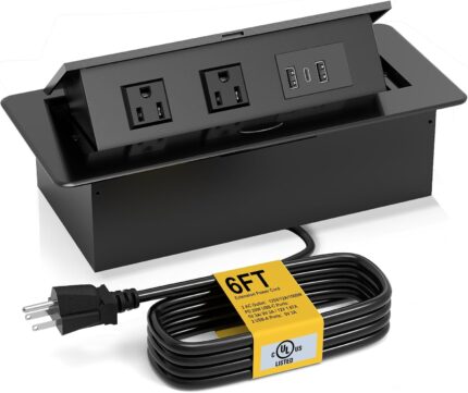 Regleta de alimentación con certificación UL Negra, receptácular de acero inoxidable empotrable, 2 salidas de CA incorporadas (125V/12A/1500W), 2 USB A y 1 puerto USB C PD (salida máxima USB de 20 W), cable de alimentación de 6 pies Talla total: 10.43 x 4.64 x 2.63 pulgadas