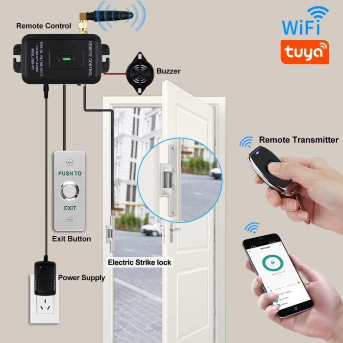 WiFi Tuya Control de acceso a prueba de fallos Kit de cerradura de puerta eléctrica Sistema de puerta de control remoto Abridor Smartphone APP Control (INSTALACION BÁSICA INCLUIDA)