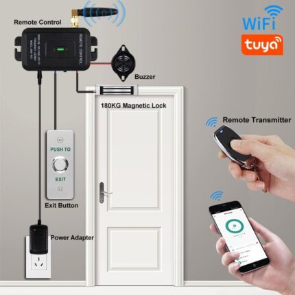 Control de acceso 180 kg/350 lbs Kit de cerradura magnética eléctrica para puerta del sistema de control remoto para teléfono inteligente y control de aplicación ( Incluye instalación Básica )