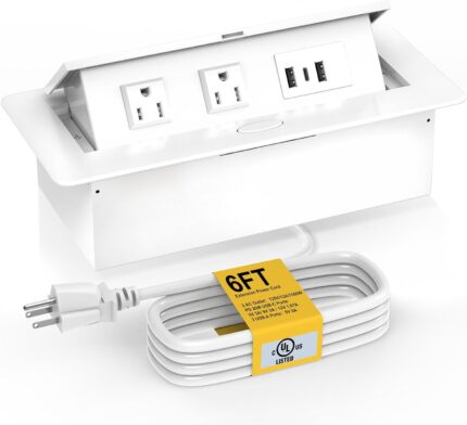 Regleta de alimentación con certificación UL Blanca, receptácular de acero inoxidable empotrable, 2 salidas de CA incorporadas (125V/12A/1500W), 2 USB A y 1 puerto USB C PD (salida máxima USB de 20 W), cable de alimentación de 6 pies Talla total: 10.43 x 4.64 x 2.63 pulgada