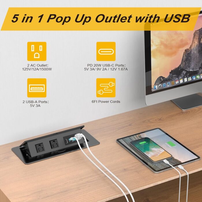 Regleta de alimentación con certificación UL Negra, receptácular de acero inoxidable empotrable, 2 salidas de CA incorporadas (125V/12A/1500W), 2 USB A y 1 puerto USB C PD (salida máxima USB de 20 W), cable de alimentación de 6 pies Talla total: 10.43 x 4.64 x 2.63 pulgadas