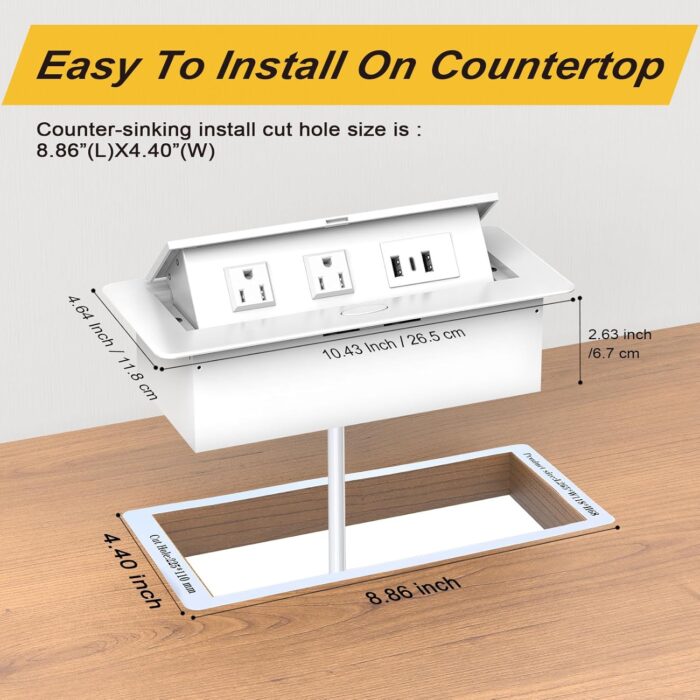 Regleta de alimentación con certificación UL Blanca, receptácular de acero inoxidable empotrable, 2 salidas de CA incorporadas (125V/12A/1500W), 2 USB A y 1 puerto USB C PD (salida máxima USB de 20 W), cable de alimentación de 6 pies Talla total: 10.43 x 4.64 x 2.63 pulgada