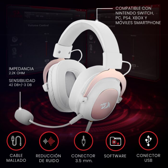 REDRAGON ZEUS X - AUDIFONOS GAMING, RGB, USB, BLANCO